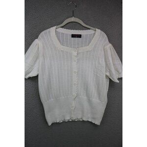 Curlbiuty Vintage Short Sleeve Scalloped Open Knit Button-Up Sweater-Size 2XL